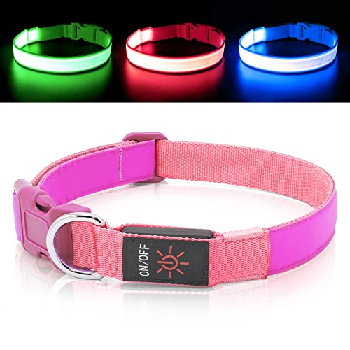 LED Dog Collar Light Up Dog Collars Red Light USB Rechargeable, Adjustable Size Heavy Duty TPU Nylon Webbing Glow Safety Basic Dog Collars for Large Medium Dogs (M,Candy Pink) - color: Pink-Fully adjustable (Red Light), size: M(13.39-19.69 inch/34-50 cm)