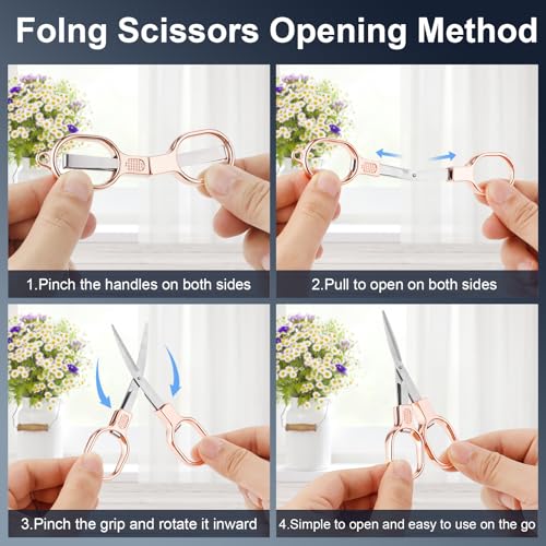 BSADIY 2 Pcs Mini Folding Stainless Steel Badge Scissors with 2 Keychains | Safety Foldable Pocket Small Travel Scissors All Purpose for Travel, Office, Craft, Sewing, Nurse Accessories (Rose Gold) - color: Rose Gold