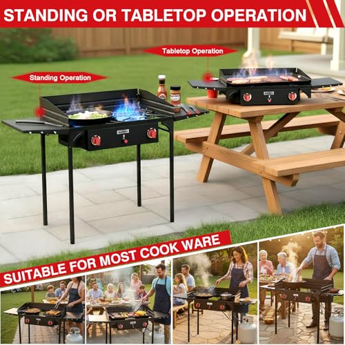 Bestfire 2 Burner Propane Stove, 150,000 BTU High Pressure Camping Burner | with Windscreen, Side Shelves, Removable Legs, CSA Certified for Outdoor BBQ Backyard Cooking - style: 2 burner with windpanel