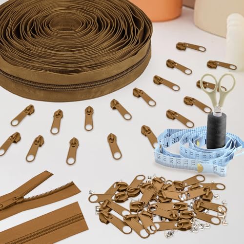 DOITEM 10 Yards Nylon Coil Zipper by The Yards, #5 Bulk Zippers for DIY Sewing Craft Bags with Replacement 20PCS Sliders (Brown, #5) - color: Brown, size: #5
