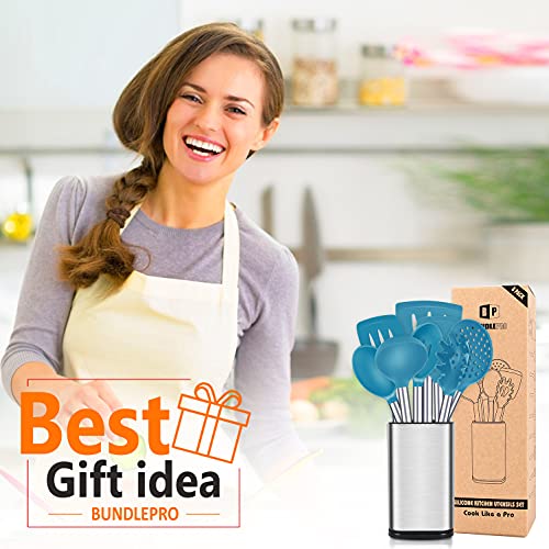 Silicone Cooking Utensils Set, 8 Pcs Kitchen Utensils with Holder, Blue | BPA Free and Heat Resistant, Kitchen Tools for Non Stick Cookware include Spatulas, Turners, Spoons, Skimmer and Pasta Fork - color: Blue