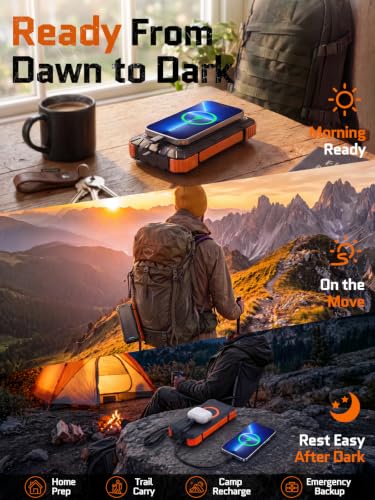 Solar Charger Power Bank - 49800mAh Solar Phone Charger with USB-C in/Output, QC 3.0 Fast Charging with LED Flashlight, Built-in 4 Cables, IP65 Waterproof Fits for Outdoor (Bright Orange)