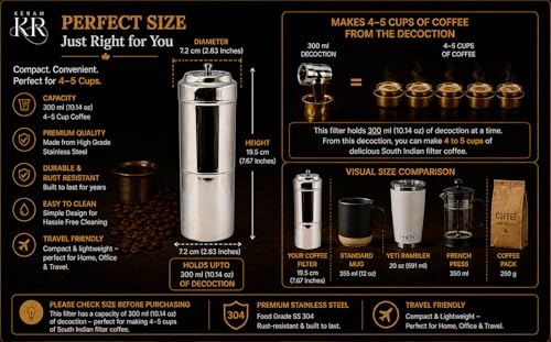 South indian filter coffee maker indian style 10.1 oz (300 ml) | KERAM indian coffee filter 304 stainless steel coffee dripper reusable phin filter decoction maker pour over alternative - size: 300 ml
