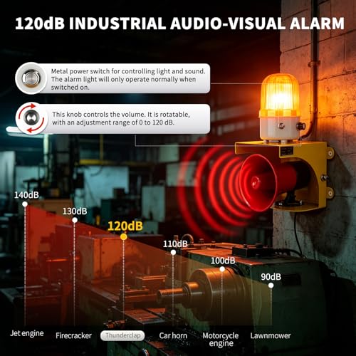AC110V Industrial Siren Alarm Strobe Light-120dB Loud Horn&Waterproof Red Beacon Warning Light for Emergency,Factory,Fires,Tornado,Intruder Deterrent (AC110V Amber Light (Switch,0-120dB)) - style: AC110V Amber Light (Switch,0-120dB)