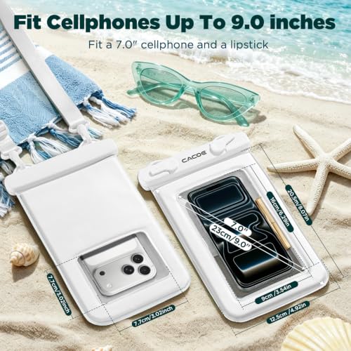 CACOE Floatable Waterproof Phone Pouch 2 Pack Up to 9.0", Black+White | Floatable, IPX8 Waterproof Phone Case,Adjustable Lanyard,Dry Bags for Beach/Cruise/Travel/Camping/Kayak/Vacation Essentials - color: Black+White#1, size: Up to 9.0"-Floatable