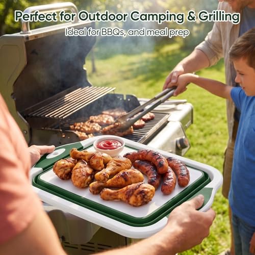 Collapsible BBQ Prep Tub with Lid, Foldable Camping Sink with Colander, Cutting Board, Dish Basin for Kitchen, Bowl, Vegetable and Fruit, Storage Basket for Picnic-Green - color: Green