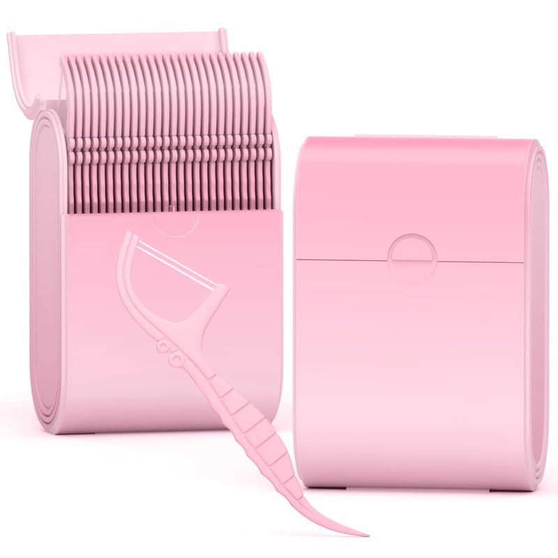 Portable Dental Floss Case 2 Box with 52 Count Floss Picks, Twin Line Design，Pink，Mint Flavor - Travel-Friendly Tooth Care Tool with Flossers Toothpick Holder - Oral Hygiene Essential. - color: Pink
