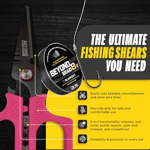 Beyond Fishing 6.5" Pro Fishing Shears Dual Serrated Blades, Fishing Braided Line Scissors with Titanium Coating, Non-Slip Grip & Multifunction Tool, Includes Hard Molded Locking Sheath - color: Pro - Pink