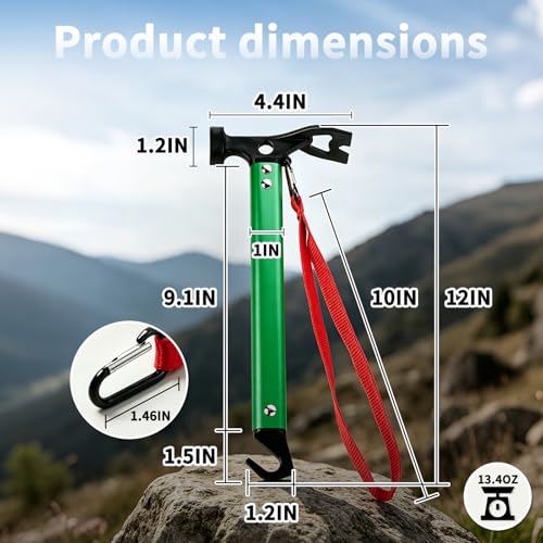 Carbon Steel Aluminum Camping Hammer, 12" Small Lightweight Three-in-One Functional Tent Stake Hammer for Hiking Kit Green - color: Green