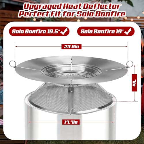 Heat Deflector for Solo Stove Bonfire 19.5",Fire Pit Heat Deflector with Mesh Spark Screen&2 Pokers,304 Stainless Steel 2 in 1 Heat Diffuser for Solo Stove Bonfire Accessories Camping Capture Warmth