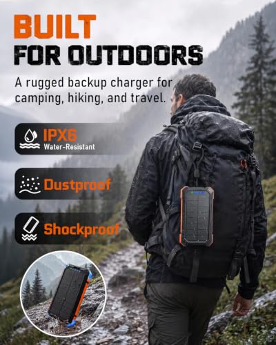 Solar Charger Power Bank - 49800mAh Solar Phone Charger with USB-C in/Output, QC 3.0 Fast Charging with LED Flashlight, Built-in 4 Cables, IP65 Waterproof Fits for Outdoor (Bright Orange)