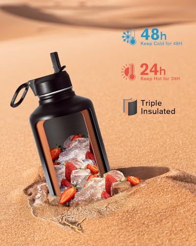 Coolflask Half Gallon Water Bottle Insulated with Straw & 3 Leakproof Lids | 64 oz Large Water Jug Stainless Steel Triple-Wall, Cold 48+h/Hot 24+h Dishwasher Safe, BPA-Free, for Sports Gym & Hiking - color: Piano Night, size: 64 Ounces