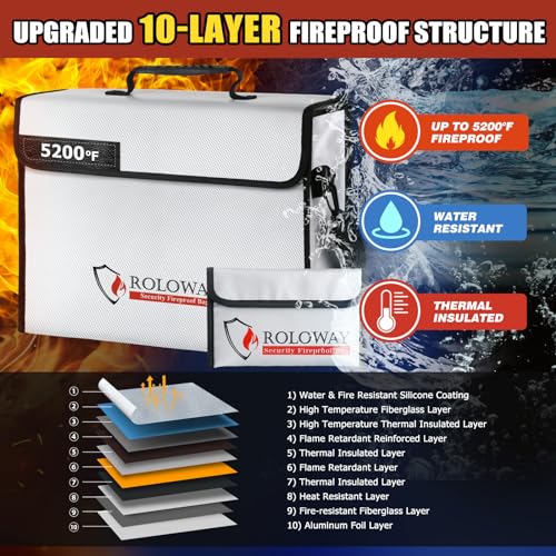 ROLOWAY Large Fireproof Bag 5200℉ Heat Insulated (15 x 12 x 5 inches), Fireproof Document Bag for Cash Safe and Document Safe - size: Large + Small, style: 5200°f Silver Fireproof Bag