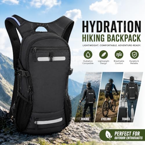 Zavothy 20L Multipurpose Hiking Backpack with 3L Water Bladder – Durable Hydration Backpack with Insulated Bladder Compartment, Hidden Helmet Holder & Rain Cover – for Hiking, Commuting, and Camping - color: Black