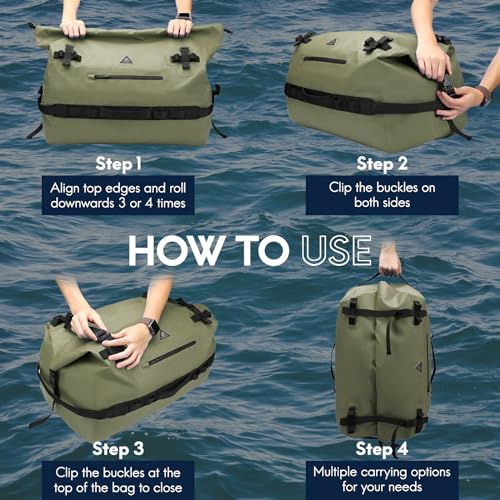 Haimont IPX7 Waterproof Roll-Top Dry Duffel Backpack | 60L/90L Sizes, 500D Tarpaulin, Welded Seams, Mesh Pockets, Boating & Kayaking - color: Army Green, size: 60L