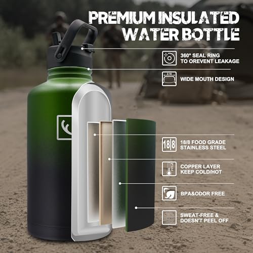NATURE PIONEOR 64 oz Tactical Water Bottle with MOLLE Bottle Pouch & 3 Lids | 18/8 Food-grade Stainless Steel, Double Vacuum Insulation, 3 Leak-proof Lids, Handle, Strap, Camping, Hiking, Gym, Work - color: Green Black, size: 64 Ounces