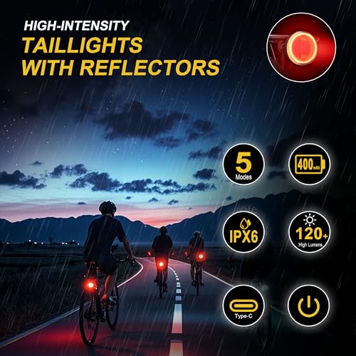 Type C USB Rechargeable Bike Tail Light, Ultra Bright IPX6 Waterproof Bicycle Rear Cycling Safety Flashlight, 5 Light Mode Road Mountain Accessories Night Ride Hiking, Cycling, Camping