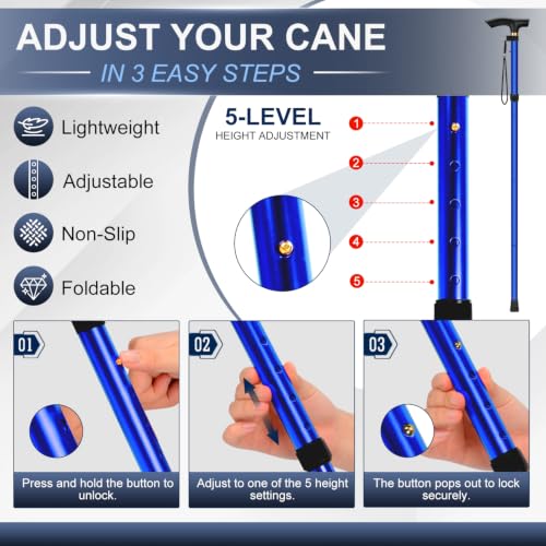 supregear Folding Cane, 5-Level Adjustable Height Walking Stick Lightweight Collapsible Portable Travel Cane with Wrist Strap and T Handle for Elderly Disabled Men Women - color: Dark Blue
