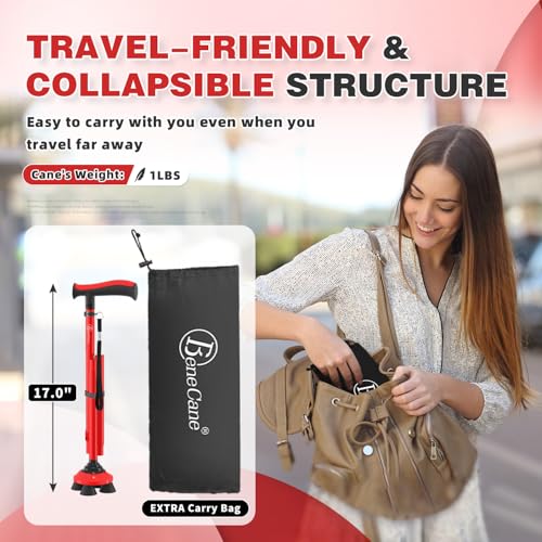 Walking Cane for Men & Women Walking Stick for Seniors Folding Canes Quad Cane Adjustable Lightweight Sturdy Collapsible Heavy Duty with Soft TPR T-Handle and Travel Bag - color: Red