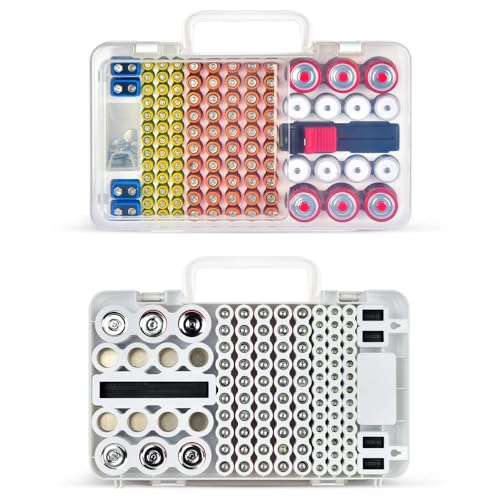 Battery Organizer Storage Case with Tester Checker. Batteries Holder Box Container for 120+ AA AAA 9V C D Lithium CR2025 CR1632 CR2032 Coin Cell Battery with Wall-Mounted Design -Transparency - color: White
