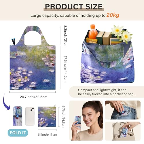 Reusable Grocery Bags, Oil Painting Art Tote Bags With Carry Pouch Waterproof Shopping Bags for Travel Daily Use - style: Water Lilies