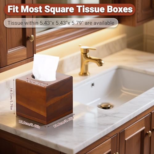 2 Pack Wooden Tissue Box Cover Square - Acacia Wood Tissue Box Holder for Tabletop Stands Bathroom Office- Decorative Facial Wood Tissue Box Cover for Modern Farmhouse Decor (Walnut)