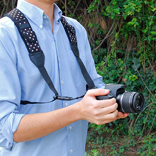 USA Gear DSLR Camera Strap Chest Harness with Quick Release Buckles, Polka Dot Neoprene Pattern and Accessory Pockets - Compatible with Canon, Nikon, Sony Point and Shoot and Mirrorless Cameras - color: Polka Dot