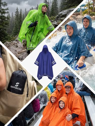 SaphiRose Hooded Rain Poncho Waterproof Raincoat Jacket for Men Women Adults - color: Deep Blue03 (With Reflective Stripes)