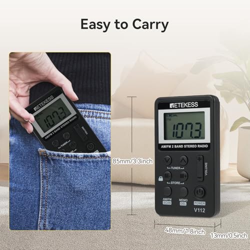 Retekess V112 AM FM Pocket Radio, Digital Radio with Earphone(Black) | for Walking, Jogging, Training,Rechargeable Battery, LCD Display - color: Black