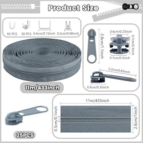 DOITEM 12 Yards Nylon Coil Zipper by The Yards, #3 Bulk Zippers for DIY Sewing Craft Bags with Replacement 25PCS Sliders (Grey, #3) - color: Grey, size: #3