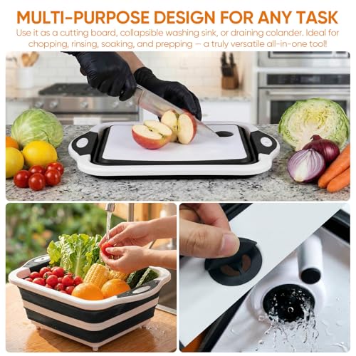 Collapsible BBQ Prep Tub with Lid, Foldable Camping Sink with Colander, Cutting Board, Dish Basin for Kitchen, Bowl, Vegetable and Fruit, Storage Basket for Picnic-Black - color: Black