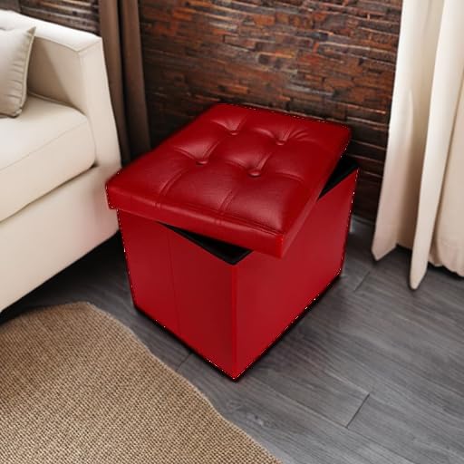 AmasSmile Ottoman with Storage,17" Folding Leather Foot Rest Chest,Red - color: Red 1 Pack, size: 17"*13"*13"inch