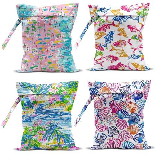 Wet Bag, 4Pcs Wet Dry Bag Set, Reusable Waterproof Bags with Beach & Tropical Ocean Prints for Women, Versatile for Beach, Travel & Daily Use - color: Beach & Tropical Ocean