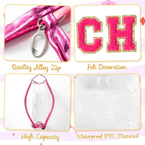 Y1tvei CHEER Clear Makeup Bag - Preppy Rose Red Cheer Chenille Patch Cosmetic Pouch Extra Large PVC Transparent Toiletry Carry Bag Portable Waterproof Travel Organizer Cheer Gift for Cheerleader - color: Rose red CHEER Rose Red