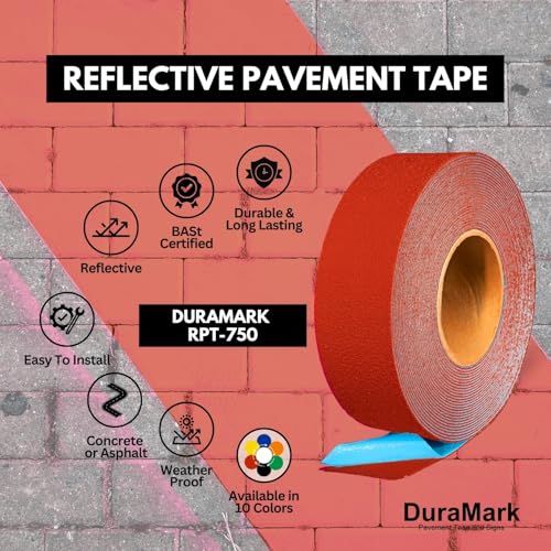 DuraMark RPT-750 Reflective Pavement Marking Tape, Red, 2 in x 36 ft Roll | Permanent rubber base bonds to asphalt and concrete; glass-bead reflectivity improves low-light visibility. - color: Red, size: 2 Inch x 36 Ft