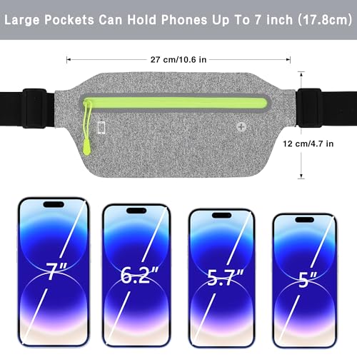 Running Belt Slim, Light Running Belts for Phone with Reflective Strip, Running Fanny Pack Sweatproof with Headphone Jack, Running Pouch Separate Pockets for Workouts, Trips (Light Gray)