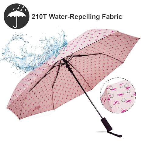 Nollia Compact Travel Umbrella with Auto Open – Windproof Folding Umbrella, Lightweight & Portable for Rain - color: Pink Flamingo