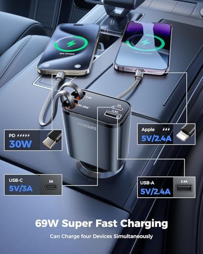 Retractable Car Charger, USB C Car Charger with Dual Type C Cords | Compact, 69W Fast Retractable USB C Car Charger, 4 in 1 Car Accessories Car Chargers for iPhone 17 16 15 14 13 Galaxy Pixel - color: Gray, size: 2 Cords for Type C+Type C