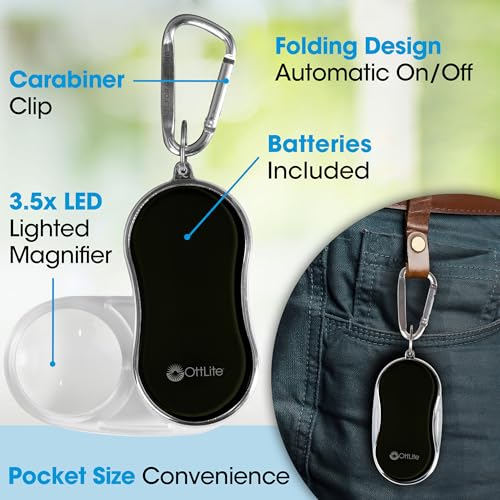 OttLite Pocket LED Magnifier with Carabiner Clip, Black | 3.5x Pocket LED Magnifier | Automatic On/Off | Carabiner Clip Included - color: Black