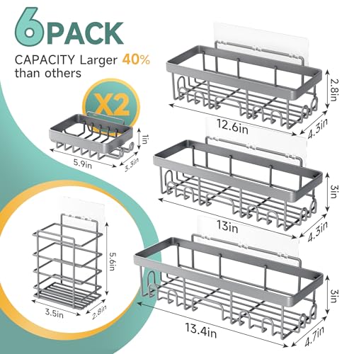Veken 6-Pack Rustproof & Waterproof Shower Caddy, Adhesive Shelves Rack, Large Capacity Bathroom, College Dorm & Apartment Organizers, No-Drill Wall Mount Living Room & Bedroom Decor, Light Grey - color: Light Gray