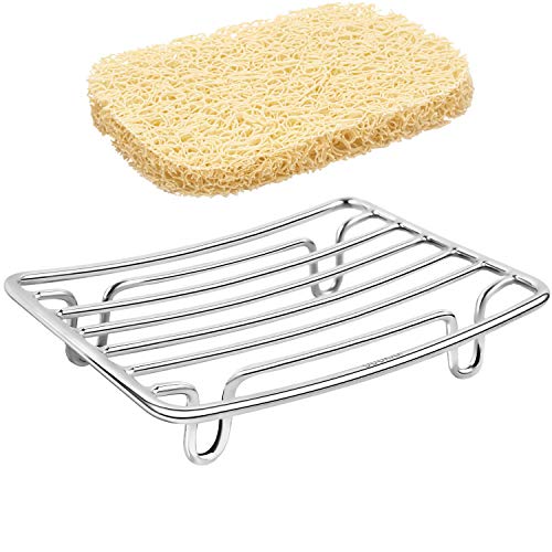 Bar Soap Dish Holder for Shower Bathroom Stainless Steel Rust Proof Self Draining with Beige Soap Saver Pad - color: Silver