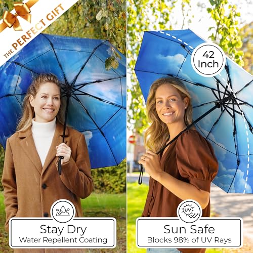 Strongest Windproof Travel Umbrella (Compact, 100MPH Wind-Tested), Light, Portable, One-Handed Use, Automatic Folding Rain Umbrella, Durable, Premium Grip, Fits Car & Backpack - color: 1-pack Blue Skies