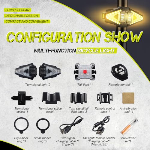 5 PCS Bike Tail Light with Turn Signals, Split USB Rechargeable Bike Turn Signal Front and Back, Wireless Remote Control Bicycle Turn Signals with Flash Warning Light and Red Tail Light for Bicycle - size: 2 PCS Turn Signal + 1 PCS Tail Light