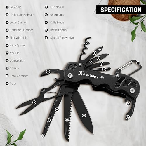 16 In 1 Multi tool Pocket Knife multitool Military Grade Steel: Swiss Style | Multi Functional Small Folding Knife with Keychain, Easy to Carry, Wine/Bottle opener , scissors , saw screwdrivers - Black - color: Black