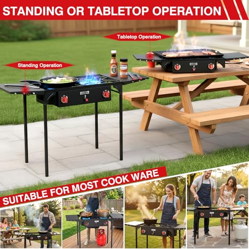Bestfire 2 burner Camping Stove with Auto Ignition Button,Side Shelves & Regulator150,000 BTU High Pressure Gas Stove Propane Burner With Removable Legs for Outdoor BBQ&Backyard Cooking Camping Home - style: 2 burner without windpanel