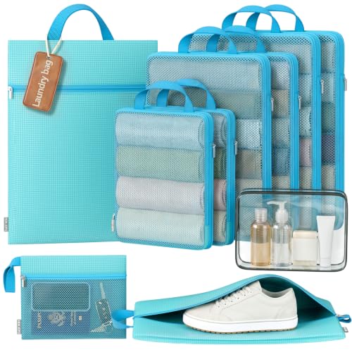 10 Set Compression Packing Cubes for Travel Essentials Suitcase, Mesh Collapsible Packing Cubes for 26 Inch Luggage, Expandable Travel Packing Organizers with Shoe Laundry Bag (Blue, 26") - color: Blue, size: 10 Set (For 26" Luggager/Large)