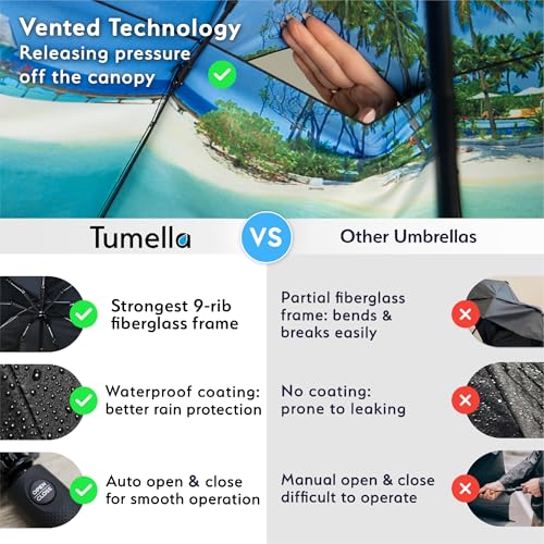 Strongest Windproof Travel Umbrella (Compact, 100MPH Wind-Tested), Light, Portable, One-Handed Use, Automatic Folding Rain Umbrella, Durable, Premium Grip, Fits Car & Backpack - color: Beach Life