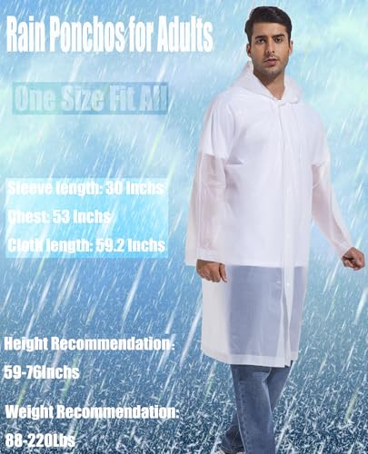 2-Pack Reusable Rain Ponchos for Adults, HOOMBOOM Raincoats Emergency for Women/Men with Drawstring and Sleeves - color: White