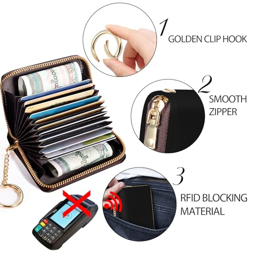 Yonlevres Credit Card Holder RFID Small Wallet Women Keychain Zipper - color: Black