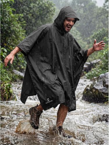 SaphiRose Hooded Rain Poncho Waterproof Raincoat Jacket for Men Women Adults - color: Black 2-pack